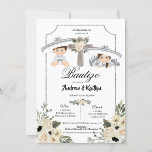 Invitation Mexicaine Blanc Argent Charro Garçon fille Twin Ba