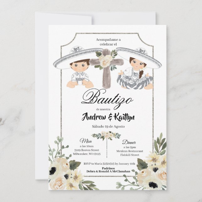 Invitation Mexicaine Blanc Argent Charro Garçon fille Twin Ba (Devant)