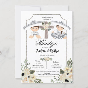 Invitation Mexicaine Blanc Argent Charro Garçon fille Twin Ba