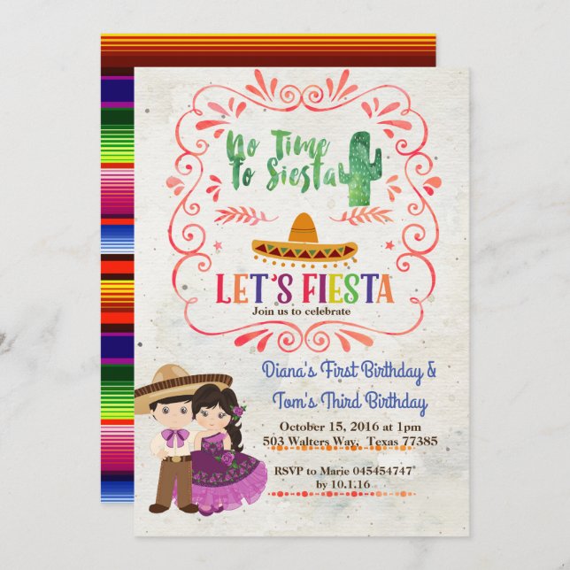 Invitation mexicaine d'anniversaire de fiesta (Devant / Derrière)