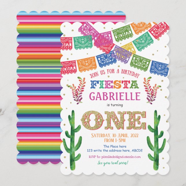 Invitation Mexicaine, Fête Anniversaire, Fille Anniversaire (Devant / Derrière)