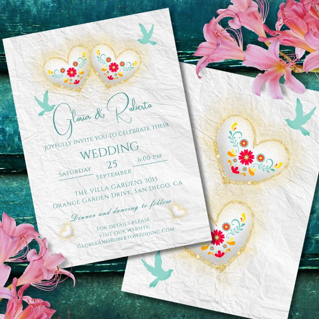 Invitation Mexicaine Pastel Hearts Fleurs Doves (Créateur téléchargé)