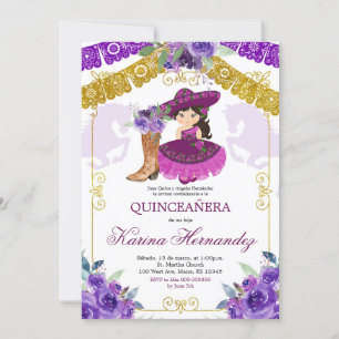 Invitation Mexicaine Purple & Gold Girl Boot Charra Mis Quinc