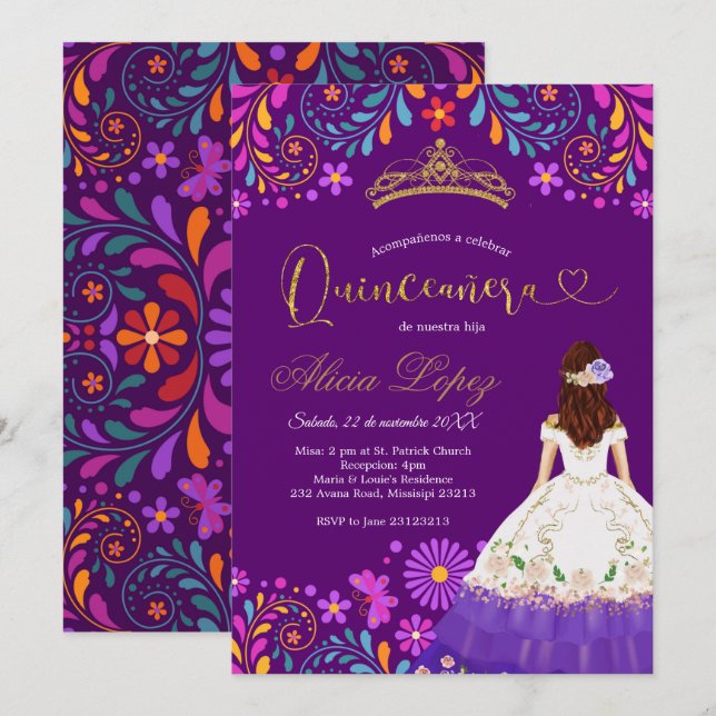 Invitation mexicaine Purple Mis Quince (Devant / Derrière)