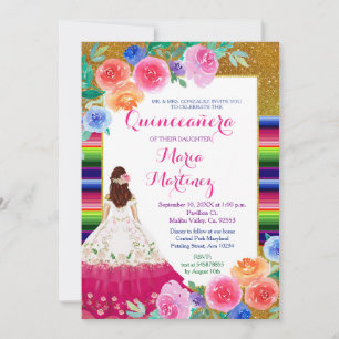 Invitation Mexicaine Rose Girl Gold Quinceañera Anniversaire 