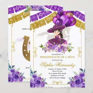Invitation Mexicaine Violet et Gold Girl Charra Tres Anos 