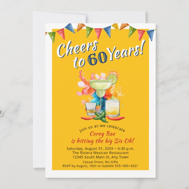 Invitation Mexican Fiesta 60th Birthday Cheers to 60 Years (Devant)