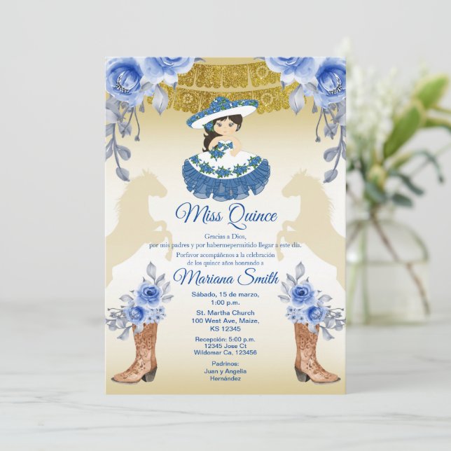 Invitation Mexican Gold Blue Roses Fleurs Quinceanera  (Debout devant)