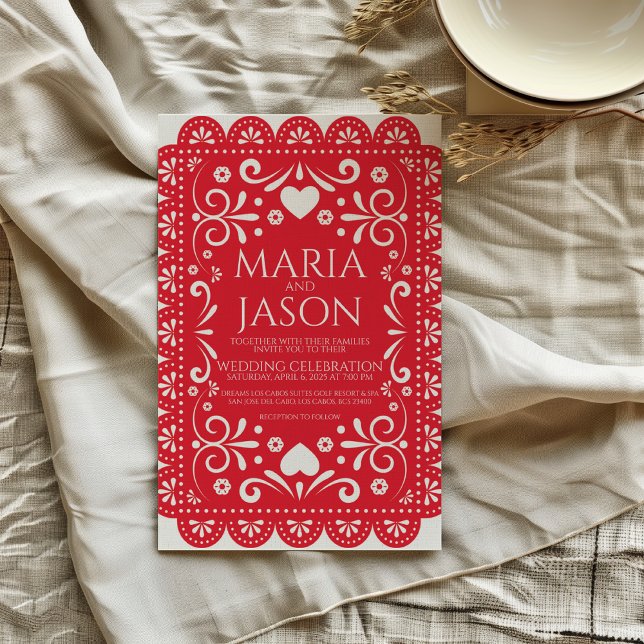 Invitation Mexican Papel Picado Red White Folk Art Wedding (Mexican Papel Picado Red White Folk Art Wedding Invitation)