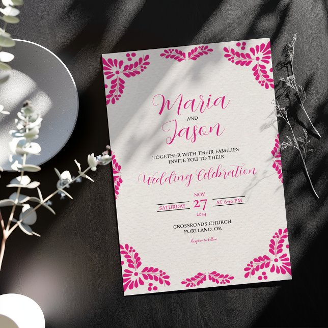 Invitation Mexican Talavera Pink Floral Minimalist Wedding (Mexican Talavera Pink Floral Minimalist Wedding Invitation)