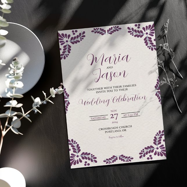 Invitation Mexican Talavera Purple Floral Minimalist Wedding (Mexican Talavera Purple Floral Minimalist Wedding Invitation)