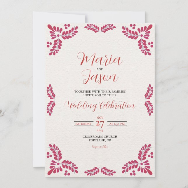 Invitation Mexican Talavera Red Floral Minimalist Wedding (Devant)