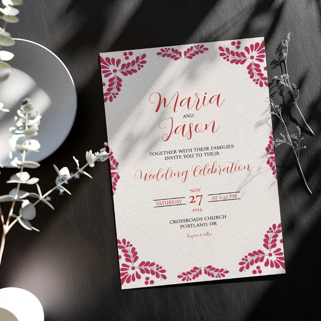 Invitation Mexican Talavera Red Floral Minimalist Wedding (Mexican Talavera Red Floral Minimalist Wedding Invitation)