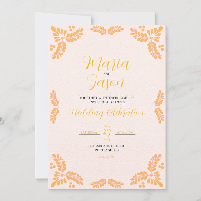 Invitation Mexican Talavera Yellow Floral Minimalist Wedding (Devant)