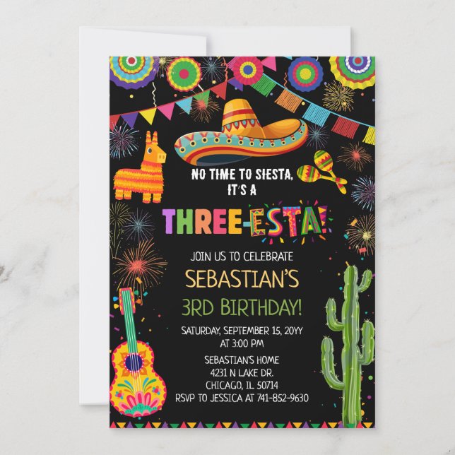 Invitation Mexican Three-Esta 3rd Birthday Party (Devant)