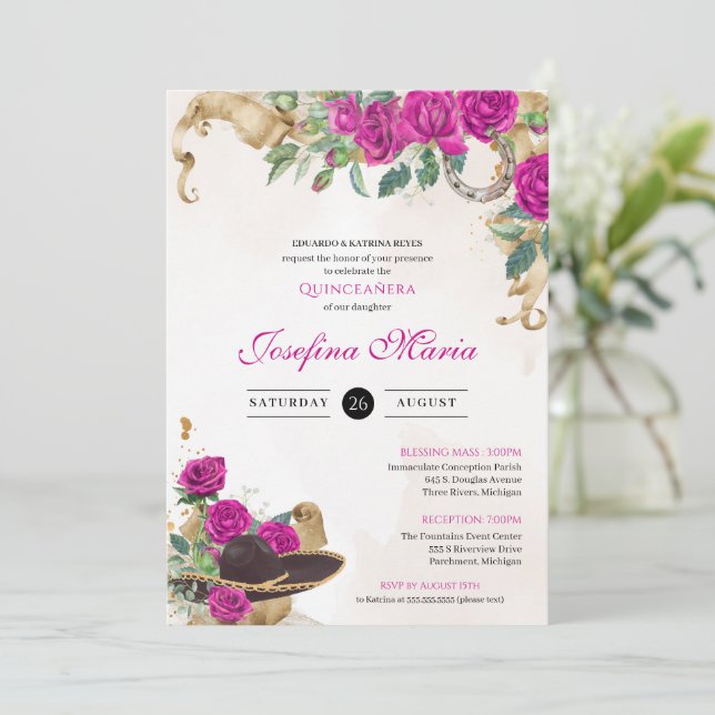 Invitation Mexicana Mariachi Charra Magenta Roses Quinceanera (Debout devant)