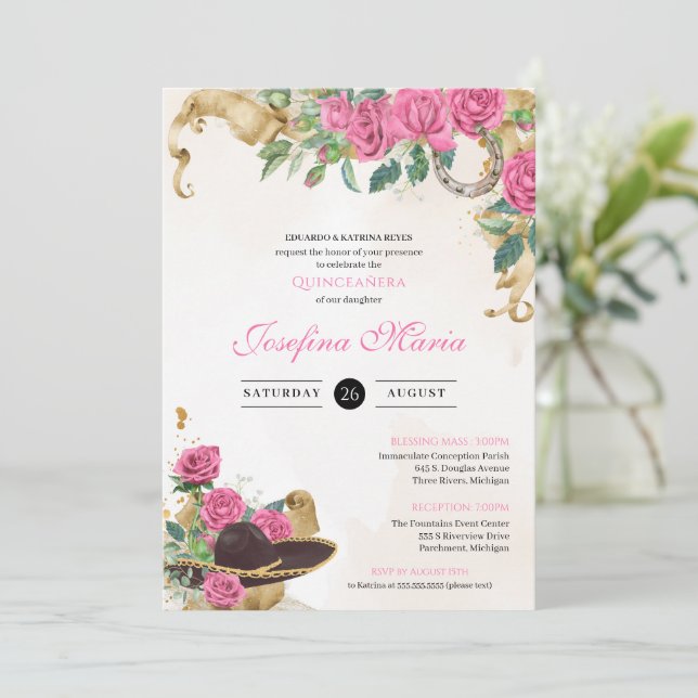 Invitation Mexicana Mariachi Charra Rose Quinceanera (Debout devant)