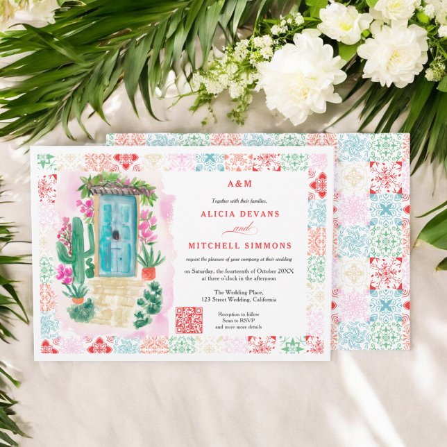 Invitation Mexique aquarelle tropicale QR destination mariage (Mexico tropical watercolor QR destination wedding Invitation)