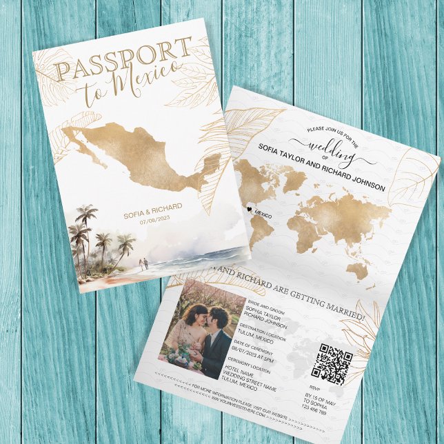 Invitation Mexique Beach Destination Mariage Passeport QR cod (beach wedding palm tree)