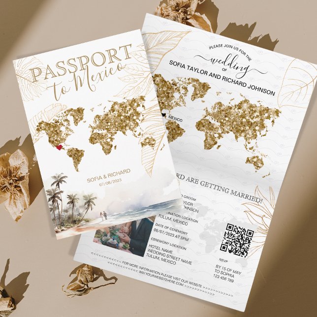 Invitation Mexique Beach Destination Mariage Passeport QR cod (beach golden glitter world map)