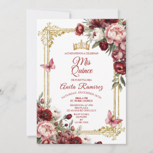 Invitation Mexique Élégant Roses Rouges Papillon Quinceañera