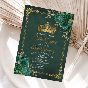 Invitation Mexique Emerald Green Floral & Gold Mis Quince