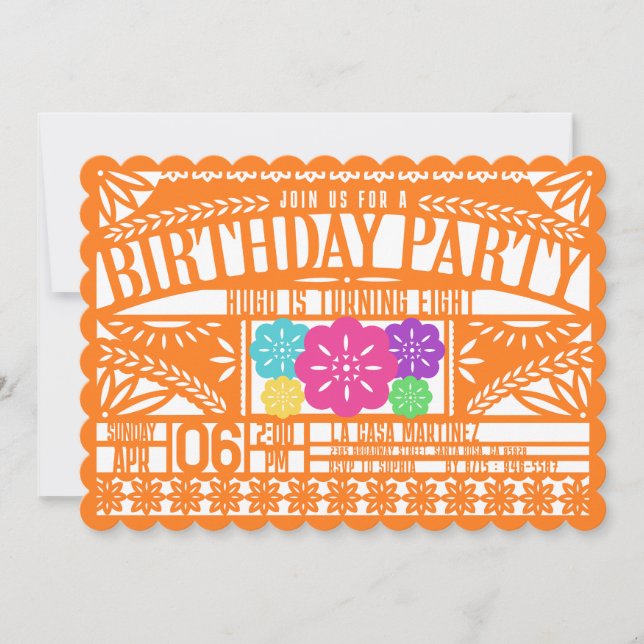 Invitation Mexique Fiesta Papel Picado Drapeau ORANGE Anniver (Devant)