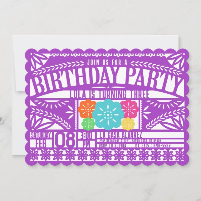 Invitation Mexique Fiesta Papel Picado Drapeau PURPLE Anniver (Devant)