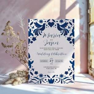 Invitation Mexique Otomi bleu Floral Élégant Mariage Fiesta