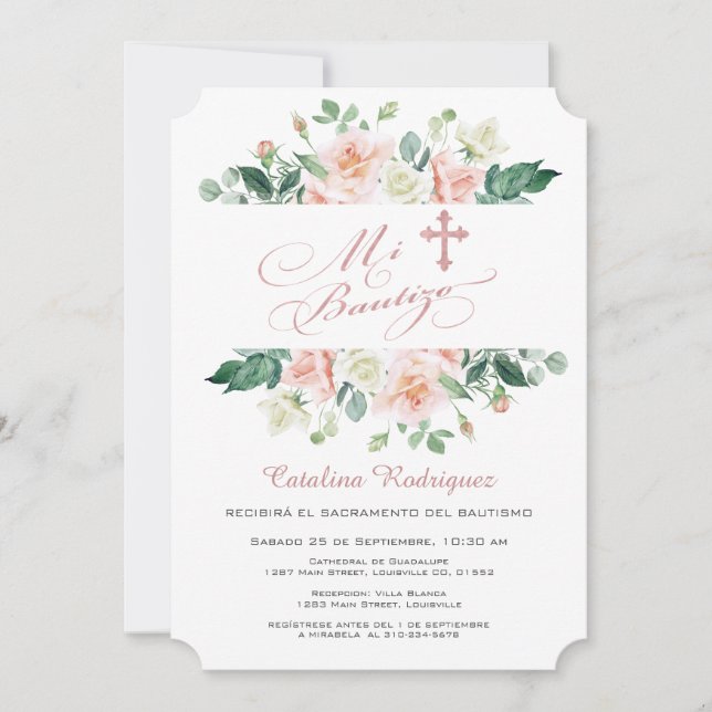Invitation Mi Bautizo Invitacion Blush White Floral Baptisme (Devant)
