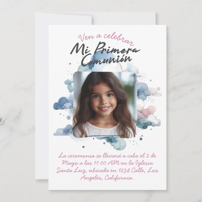 Invitation Mi Primera Comunión con foto Spanish Aquarelle (Devant)