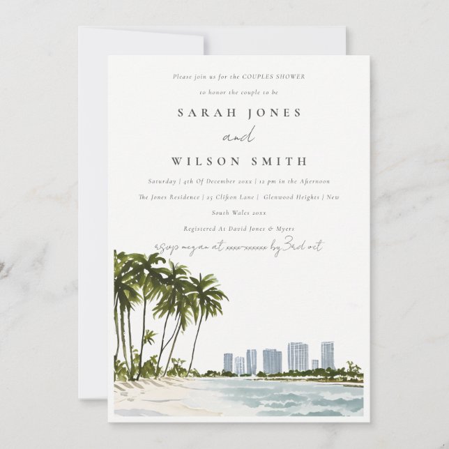 Invitation Miami Floride Aquarelle Palm Beach Couples Douche (Devant)