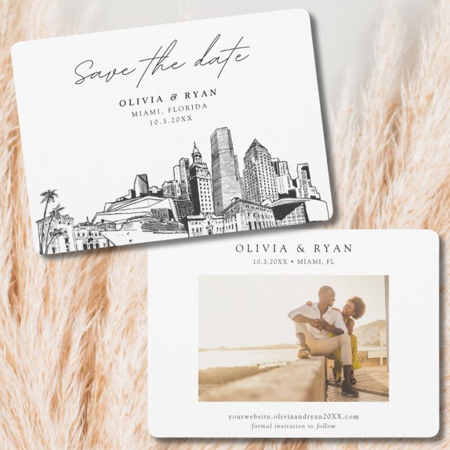 Invitation Miami Mariage Skyline Sketch Modern Enregistrer la (Miami wedding save the date)