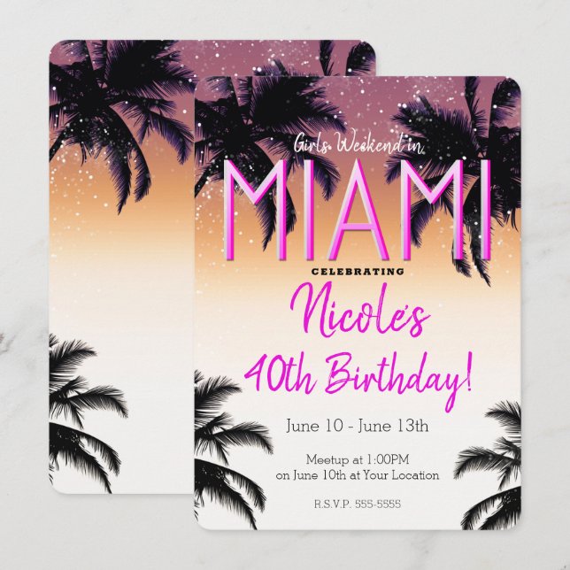 Invitation Miami Summer Girls Week-end fête d'anniversaire (Devant / Derrière)