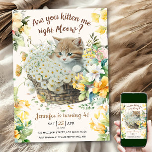 Invitation Miaou ! Fleurie Mignonne Chatte Fille 4ème Anniver