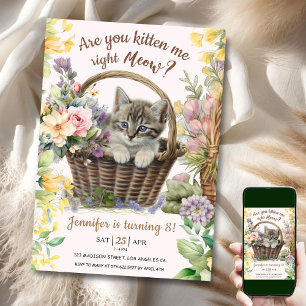 Invitation Miaou ! Fleurie Mignonne Chatte Fille Chat 8ème An