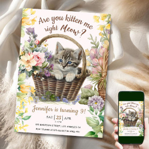 Invitation Miaou ! Fleurie Mignonne Chatte Fille Chat 9e Anni