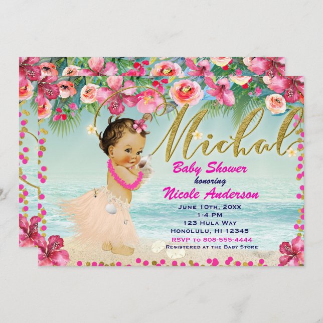 Invitation MICHAL Aloha Baby shower Hawaiian Retro Beach (Devant / Derrière)