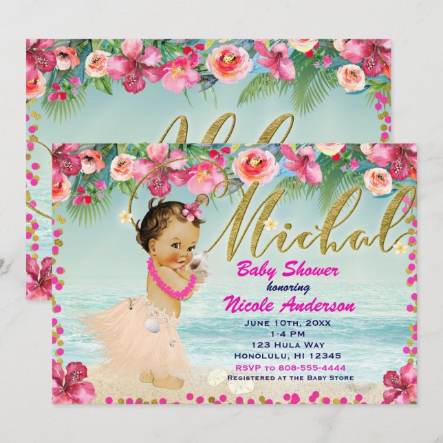 Invitation MICHAL Baby Shower Aloha Bébé Hawaïen Retro Plage  (Devant / Derrière)