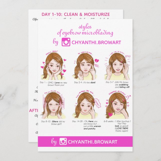 Invitation Microblading Eyebrow Instruction de post-soins ros (Devant / Derrière)