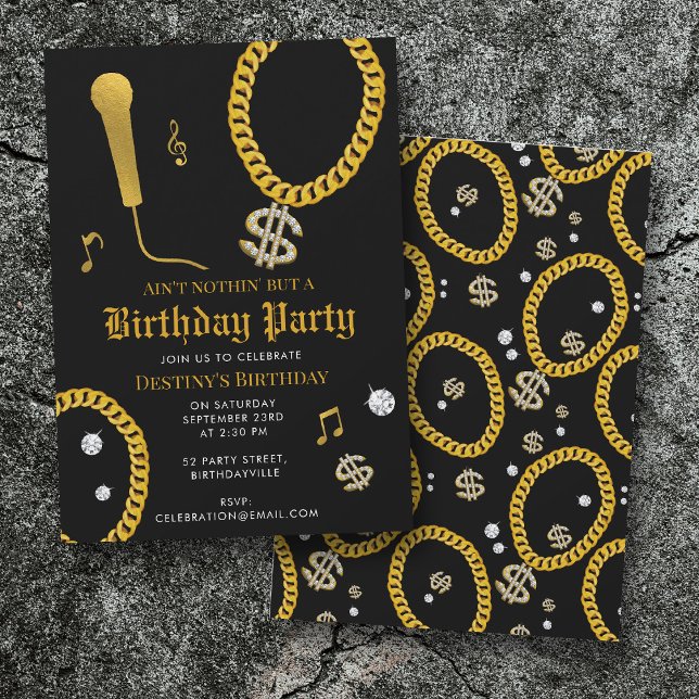 Invitation Microphone Chaîne en Or Hip Hop 80's 90's Annivers (Hip Hop Gold Chain Microphone 80's 90's Birthday Invitation)