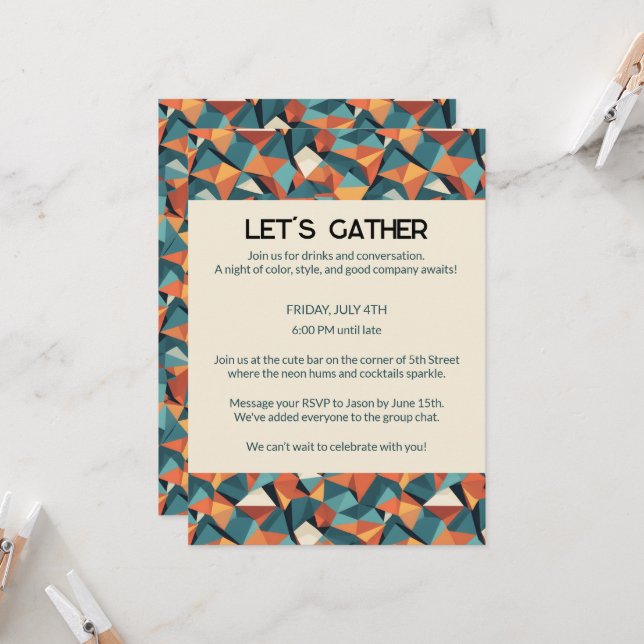 Invitation Mid-Century Geometric Teal & Orange | Custom (Devant/Arrière en situation)