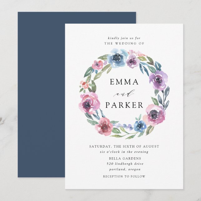 Invitation Midnight Blooms | Fleurs de mariage violettes et b (Devant / Derrière)