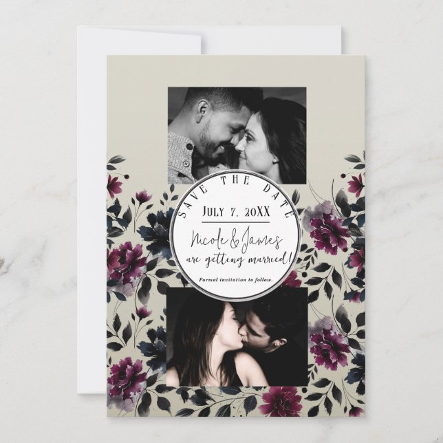 Invitation Midnight Blue Bourgogne Inky Floral Almond Mariage (Devant)