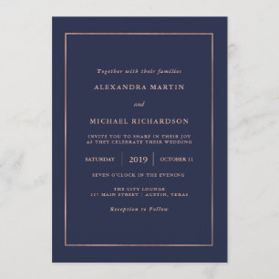 Invitation Midnight Blue et Faux Rose Gold Mariage frontière