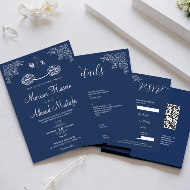 Invitation Midnight Blue Floral musulman musulman Nikah Maria (Midnight Blue Floral Islamic Muslim Nikah Wedding Invitation)
