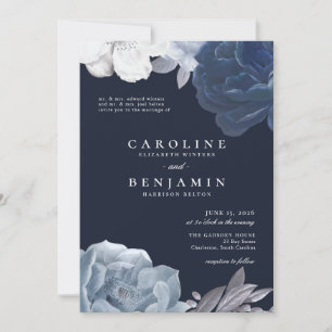 Invitation Midnight Blue Floral Silver Leaf Romantique Mariag