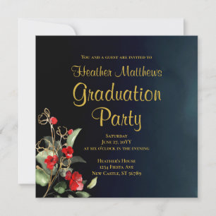 Invitation Midnight Blue Gold Red Floral Graduation Party