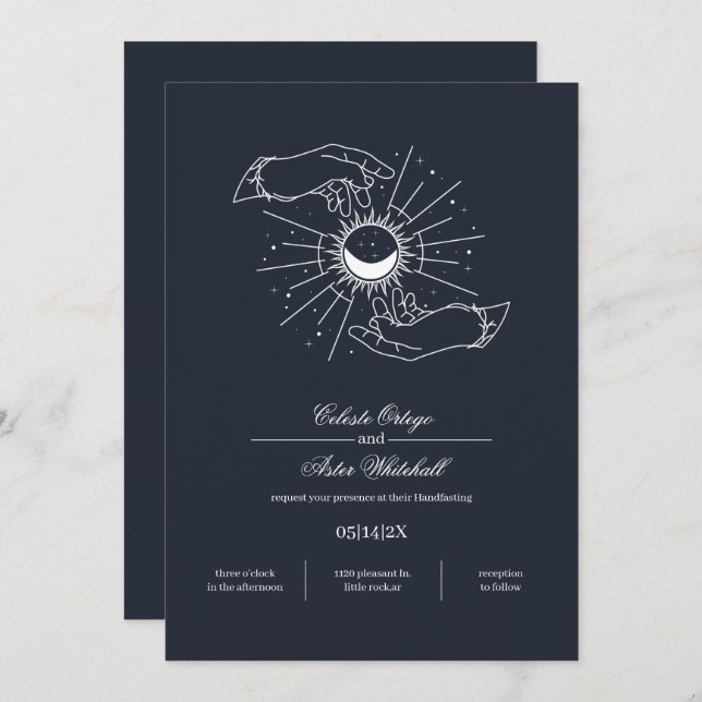 Invitation Midnight Blue Mystical Hands Celestial Handfasting (Devant / Derrière)