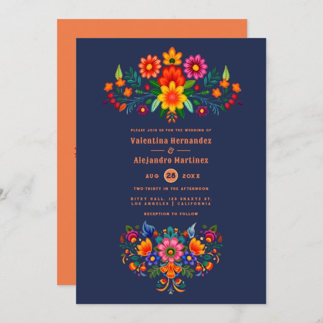 Invitation Midnight Blue & Papaya Folk Art Fiesta Wedding (Devant / Derrière)